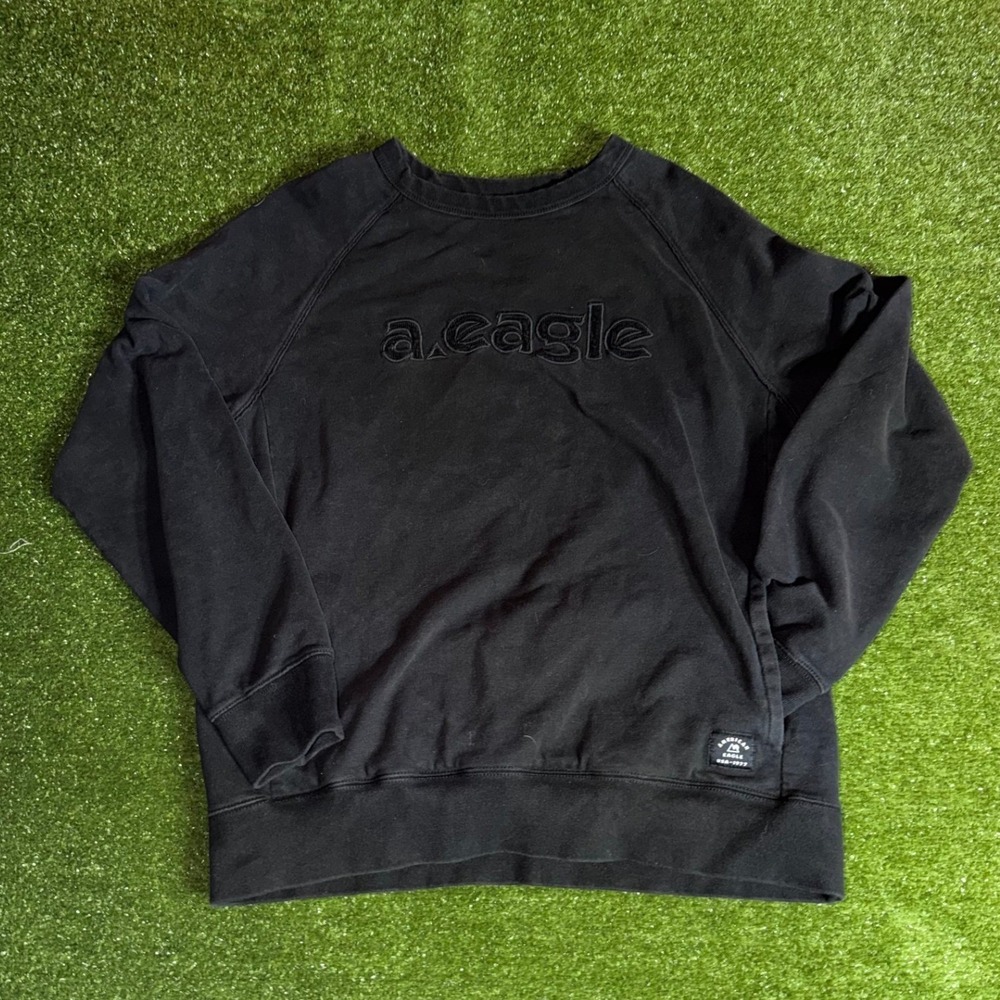 American Eagle Mens Crewneck Sweatshirt Black Embroidered Logo Raglan Large